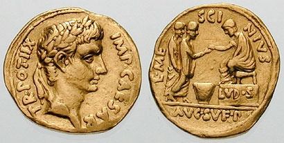 上图:古罗马硬币上戴着桂冠的奥古斯都。