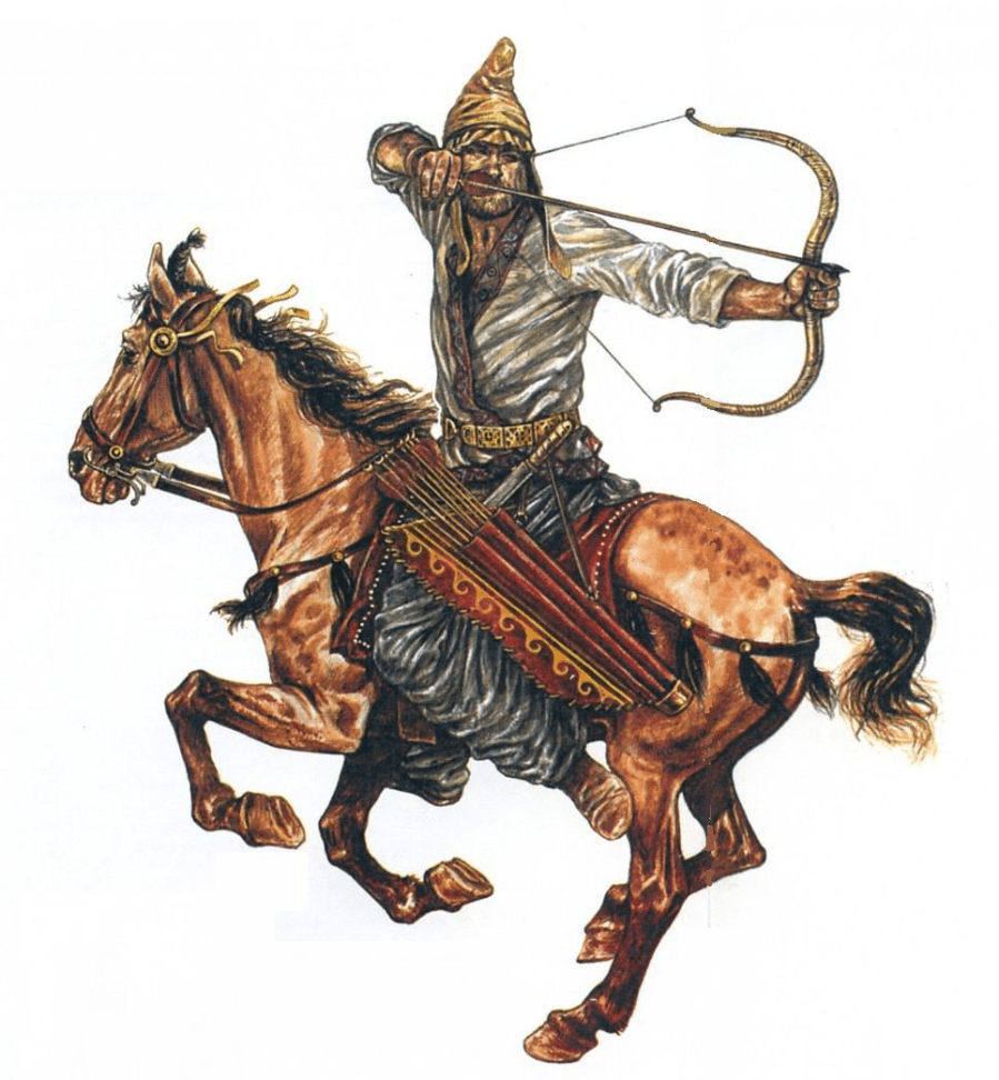 上图：帕提亚回马箭（Parthian Shot），又称安息回马箭，是一种由帕提亚人所发扬光大的弓骑兵战术。帕提亚人善于骑射，弓骑兵是安息帝国军中的主力。当年安息弓骑兵作战时广泛采用一种战术：于战场上佯作（或实际）撤退，引诱敌人（通常为骑兵）追赶。当敌人追至近身时，突然转身向身后的敌人发箭。由于距离较近，无须高超射术即可重创敌方。帕提亚人利用这一战术，在主前53年的卡莱战役（Battle of Carrhae）中战胜了罗马帝国。由于当时还没有发明马镫，骑手完全倚靠腿部的压力来引导马，所以这种战术需要精湛的马术技巧，后来主要在游牧民族的弓骑兵中普及。