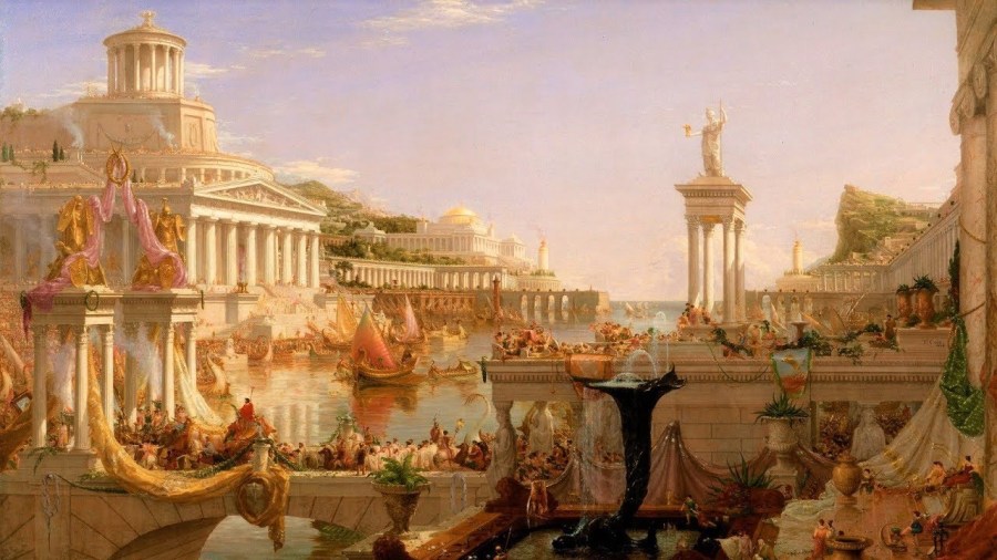 上图：描绘「罗马和平」（拉丁文：Pax Romana）的油画（Thomas Cole : The Consummation, The Course of the Empire，1836）。罗马和平，又译为罗马治世，是指罗马帝国前二百年比较兴盛的时期。主前30年，屋大维消灭埃及托勒密王朝，结束了罗马内战。统治整个地中海、黑海沿岸地区，法制相对公正严明，境内常年太平、治安良好，水陆交通通畅，使各族人民得以安居乐业、自由贸易，进入二百年长期繁荣的罗马治世时期。因此，逐渐有人建立庙宇，同时供奉罗马女神（Roma）和尤利乌斯·凯撒，渐渐演变为敬拜罗马女神和在位的凯撒，最终演变成凯撒崇拜的新宗教。罗马和平（Pax Romana）这个概念的影响如此之大，以致历史学家们用拉丁语创造了许多变体，如：不列颠和平（Pax Britannica）、美利坚和平（Pax Americana）、欧盟和平（Pax Europaea）、西班牙和平（Pax Hispanica）、蒙古和平（Pax Mongolica）、奥斯曼和平（Pax Ottomana）、伊斯兰和平（Pax Islamica）、中华和平（Pax Sinica）、苏维埃和平（Pax Sovietica）。这个概念被统称为「帝国和平 Pax Imperia）」，而实质都是「淫妇和平 Pax Meretrix」。