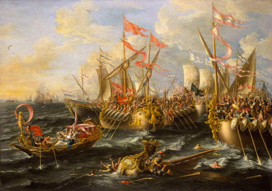 上图:油画《阿克提姆海战 Battle of Actium》,佛兰芒画家劳雷斯·卡斯特罗(Laureys a Castro)绘于1672年。主前31年9月2日,罗马共和国的两巨头安东尼(Mark Antony,主前83-30年)与屋大维(Octavian,主前63-主后14年)在希腊阿卡纳尼亚北部阿克提姆附近的爱奥尼亚海进行决战,安东尼的舰队由他的情人埃及艳后克娄巴特拉七世(Cleopatra VII Philopator,主前69-30年)支援。海战以屋大维的胜利告终。次年8月,屋大维追击到亚历山大城,安东尼和克娄巴特拉相继自杀,希腊化时代结束。主前27年,屋大维获得奥古斯都(Augustus)称号,开始了罗马帝国。