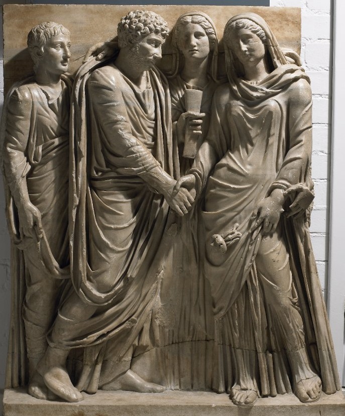 上图：古罗马婚礼，现藏于大英博物馆。古代希腊-罗马的婚姻是严格的一夫一妻制，妻子在经济上比较独立，社会鼓励寡妇或离婚的妻子再婚。寡妇可以继承丈夫的遗产，穷人的寡妇很穷，富人的寡妇很富。有些多次结婚的寡妇甚至积累了巨大的财产，被许多男人所追求。因此，大部分普通的寡妇是「真为寡妇的」（提前五3），但有些则是「好宴乐的寡妇」（提前五6）。