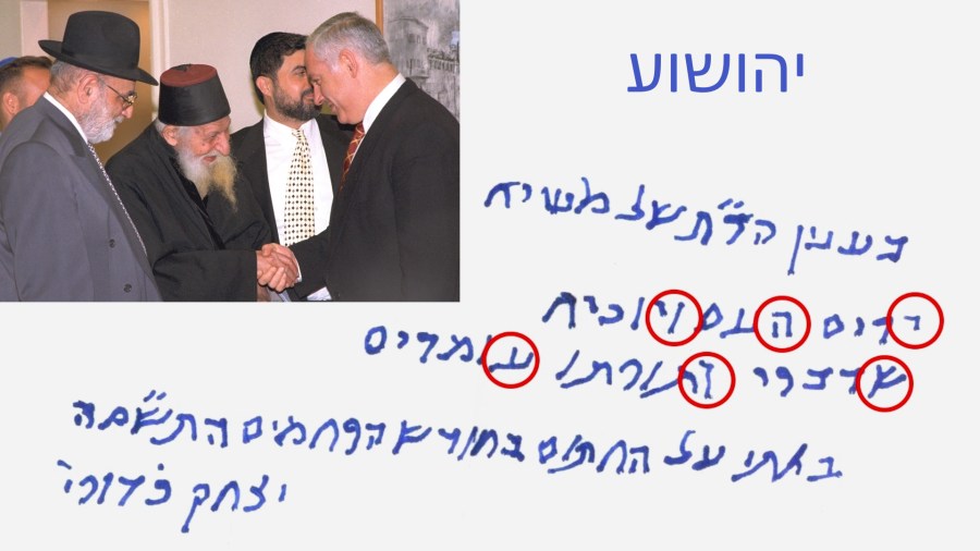 上图：以色列著名的拉比Yitzhak Kaduri和他的纸条。108岁去世的Yitzhak Kaduri生前在以色列备受尊崇，是现代最长寿的拉比。在2006年1月28日去世前几个月，他宣称自己遇见了弥赛亚，并于赎罪日在会堂教导人怎样认出弥赛亚。在临终前四个月，他写了一张纸条，吩咐人在他死后一年才可打开。纸条上的希伯来语是：「他会高举百姓，并证明他的话语及律法是真实的。」这句话用了六个字来描述弥赛亚，其中隐藏着弥赛亚的名字。图中圈出的六个字母Yehoshua （יהושוע ）就是希伯来语「约书亚」，即希腊语「耶稣」。许多犹太人认为这张纸条是伪造的，但Kaduri的门徒认为是真的。