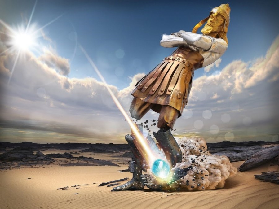 上图：艺术示意图，描绘尼布甲尼撒梦中的巨像被石头打碎（但二34-35、45），预言「当那列王在位的时候，天上的神必另立一国，永不败坏，也不归别国的人，却要打碎灭绝那一切国，这国必存到永远」（但二44）。