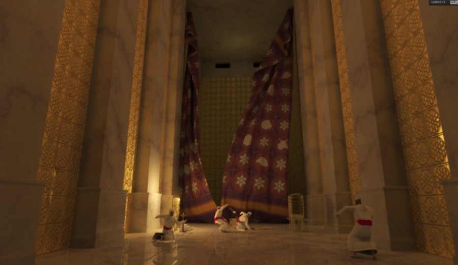 上图：当主耶稣在十字架上断气的时候，「忽然，殿里的幔子从上到下裂为两半，地也震动，磐石也崩裂」（太二十七51），代表基督的身体为我们裂开，从此为我们「开了一条又新又活的路，从幔子经过，这幔子就是祂的身体」（来十20），使我们可以借着祂进入至圣所亲近神。