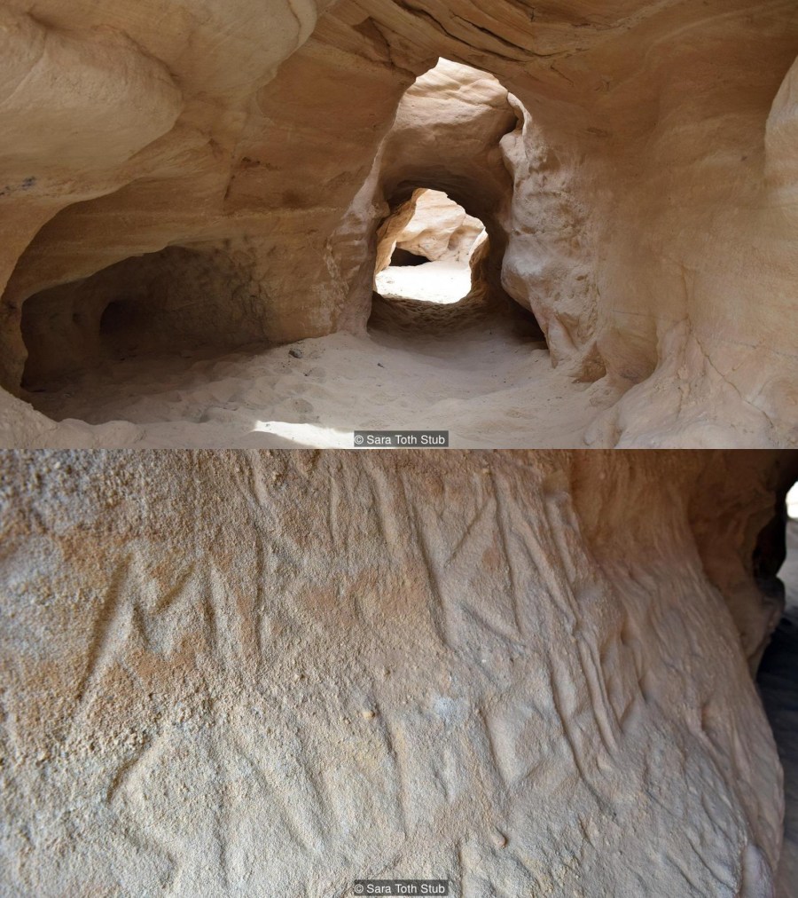 上图：Timna铜矿坑的内部，四千多年前古代矿工留下的文字和其他痕迹在岩壁上仍然可见。