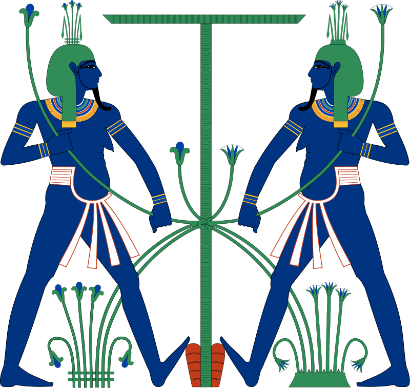 上图：古埃及的尼罗河神哈比（Hapi），被描绘为长着女子胸部的男人。下埃及的哈比神头上带着莎纸草，上埃及的哈比神头上带着莲花。