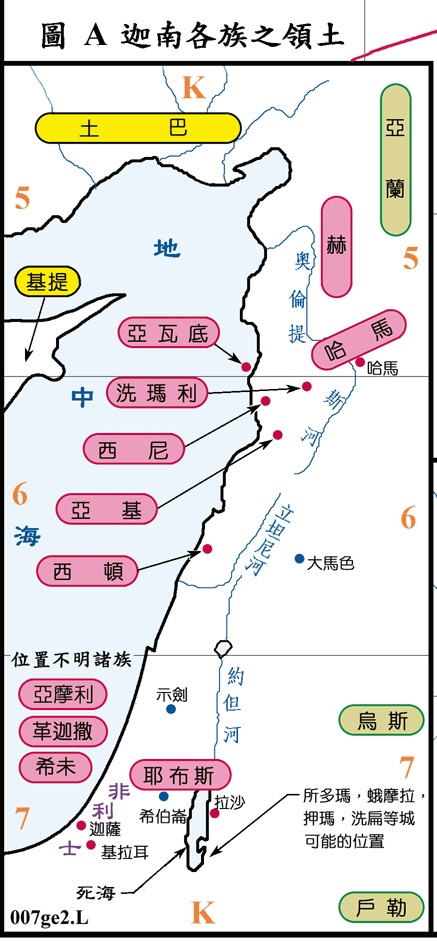 上图：迦南诸族的大致分布。迦南地的境界西北至腓尼基海岸的西顿，南至埃及边境（基拉耳、迦萨）；西至地中海，东至约旦河谷（所多玛、蛾摩拉、押玛、洗扁、拉沙）。