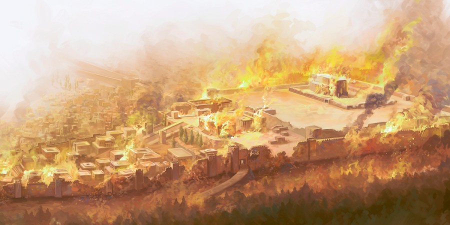 上图：主前586年，耶路撒冷和圣殿被巴比伦军队摧毁。