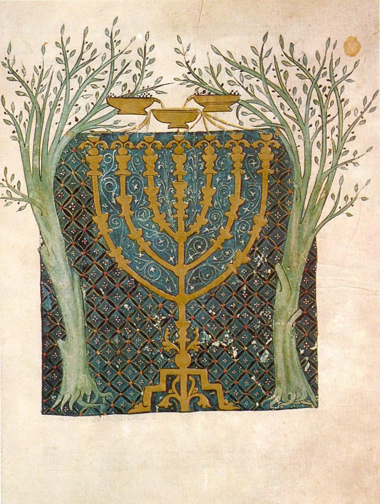 上图：1299年西班牙犹太人（Sephardi）的希伯来圣经抄本Cervera Bible的插图，描绘了撒迦利亚异象中的金灯台和两棵橄榄树。该羊皮抄本一共451页，每页两列，每列31行，抄写始于1299年7月30日，完成于1300年5月19日，是现存最古老的希伯来圣经抄本之一。