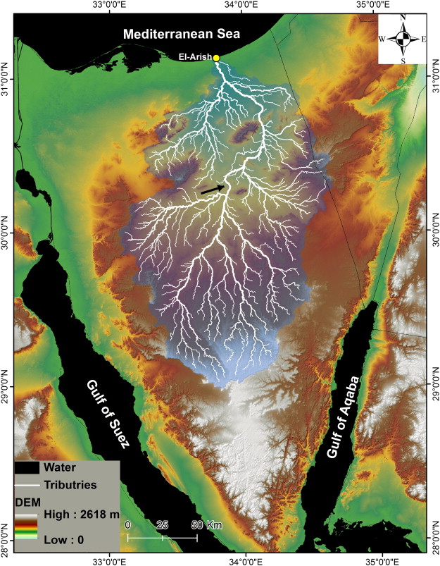 上图：阿里什旱溪（Wadi el-Arish）流域是西奈半岛的最大的泄洪系统。阿里什旱溪的支流平时是干涸的河床，下雨时则汇集了西奈半岛60%的洪水，在阿里什（El-Arish）流入地中海。阿里什旱溪的下游是从东南向西北长约50公里的直线，这是应许之地的天然边界，在圣经中被称为「埃及河」（创十五18）或「埃及小河」（民三十四5）。