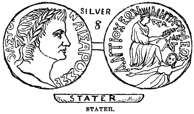 上图：彼得从鱼口中得的「一块钱」，就是这种古希腊银币斯达特Stater，一个斯达特折合两个第徳拉克马Didrachma，可以支付两个人的丁税。