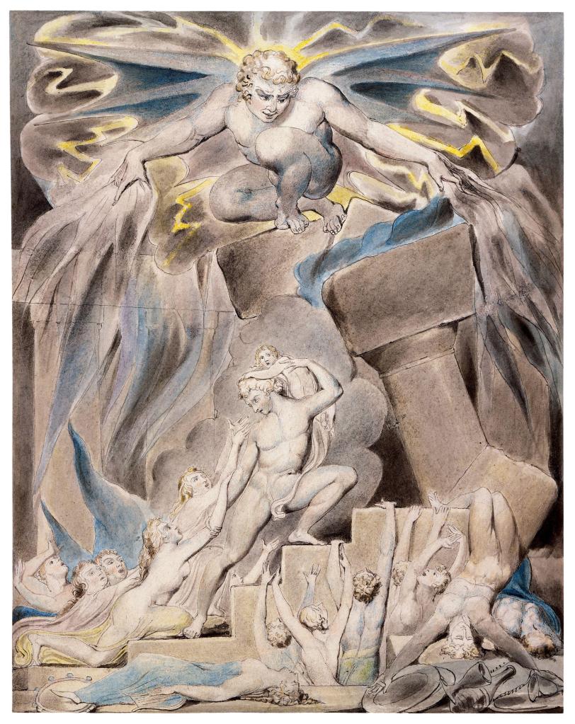上图：英国诗人、画家威廉·布莱克（William Blake，1757-1827年）的版画《约伯的儿女被撒但击打 Job's Sons and Daughters Overwhelmed by Satan》，描绘「你的儿女正在他们长兄的家里吃饭喝酒，不料，有狂风从旷野刮来，击打房屋的四角，房屋倒塌在少年人身上，他们就都死了」（伯一18-19）。