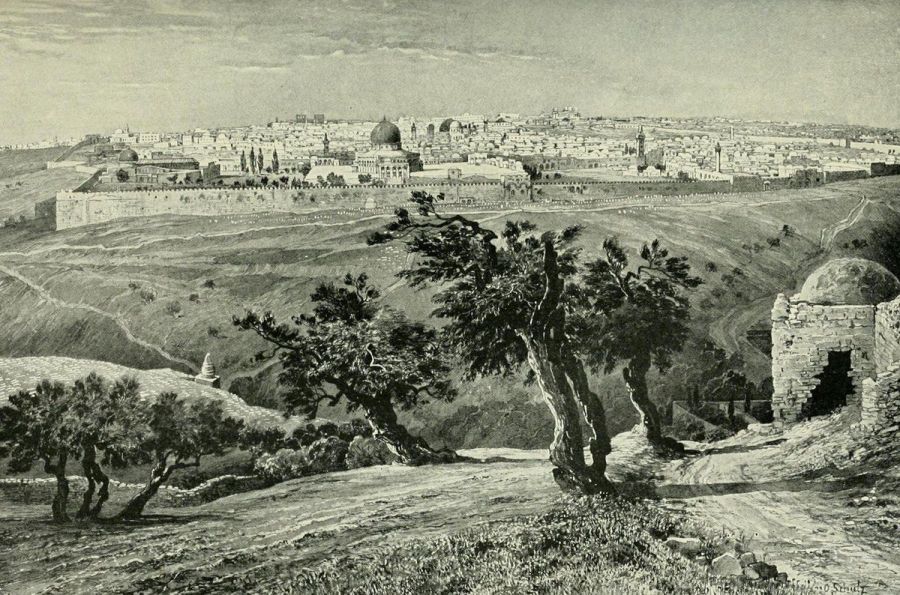 上图：一幅十九世纪的画，从橄榄山顶向西俯瞰奥斯曼帝国时代的耶路撒冷城。