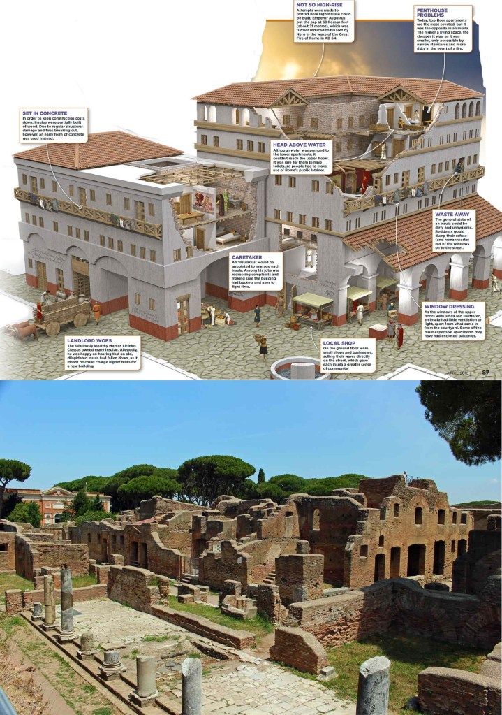 上图：新约时代罗马公寓楼示意图和古罗马港口城市奥斯提亚安提卡（Ostia Antica）出土的古建筑群遗迹。在古罗马的城市里，大部分居民都住在被称为Insulae的公寓楼里，现存最高的是五层楼，越上层的质量越差。少数富有的上流人士住在联排屋（Domus）里，在一、两天路程之外的乡村还可能有别墅（Villa）。在4世纪，当时罗马城里大约有4.2万至4.6万栋公寓楼，而3世纪后期只有1,790栋联排屋。初期教会聚会的地方，就是在这些公寓楼和联排屋里。