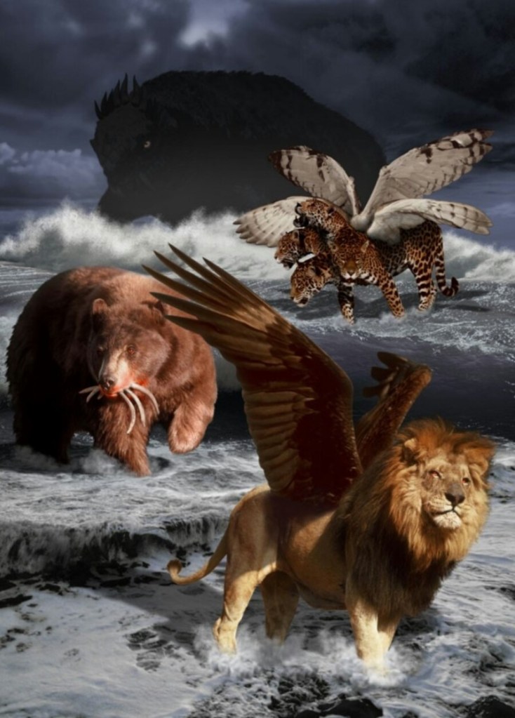 上图：但以理异象中的海中四兽示意图。