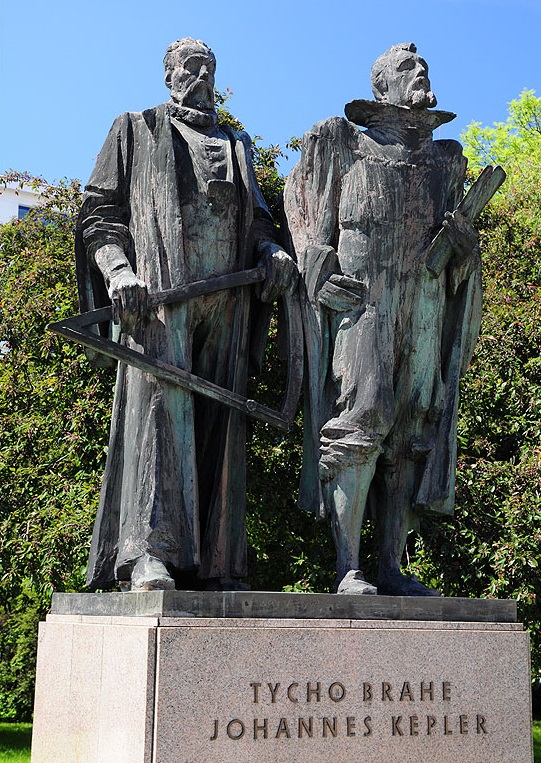 上图：位于布拉格第谷故居的第谷与开普勒雕像。第谷.布拉赫（Tycho Brahe，1546-1601年）是丹麦天文学家，他拥有肉眼观测的时代最精密的天文观测记录，但却无法总结出行星运动的规律，最后把所有的观测数据都留给了他的助手开普勒。 开普勒（Johannes Kepler，1571-1630年）是德国数学家，从小喜欢天文，但却因天花而严重弱视、双手残废，只能根据第谷的观测数据进行计算、分析。他坚信神按照完美的数学原则创造宇宙，行星运动的规律一定是和谐的。从这个信念出发，他最终从第谷的火星轨道观测数据中总结出了行星三大定律，后来启发了英国科学家牛顿（Isaac Newton，1643-1727年）发现万有引力定律，奠定了现代科学的基础。