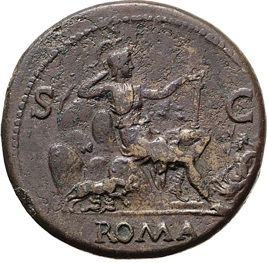 上图：主后71年铸造的罗马银币，图案中间是罗马女神（Roma）坐在七座山上，左边是狼在给孪生子喂奶，右边是台伯河。另一面是罗马皇帝维斯帕先（Vespasian，主后69-79年在位）的肖像。