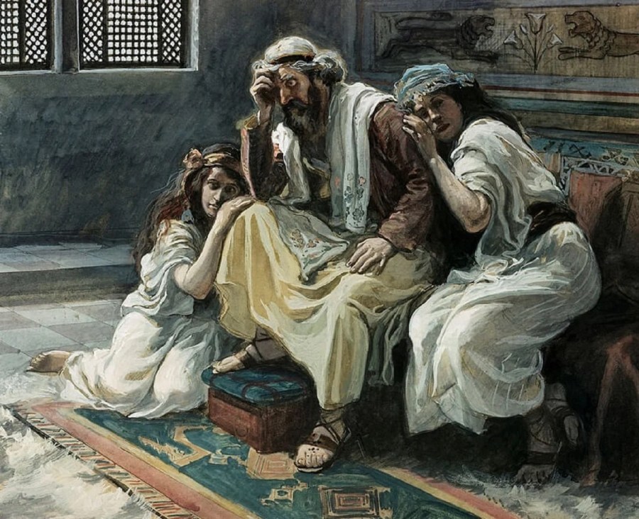上图:19世纪末法国画家詹姆斯·迪索(James J. Tissot)的油画:大卫哀悼暗嫩。大卫一面为暗嫩的死难过,一面为押沙龙的流亡而牵肠挂肚。兄弟相争,受罪的都是父母;人类悖逆,忧伤的也是创造他们的神(创六6)。
