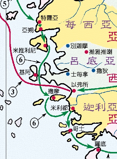 上图：保罗从特罗亚步行到亚朔，再乘船经过米推利尼、基阿、撒摩到米利都，然后请以弗所教会的长老来。
