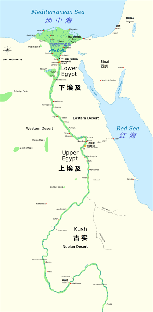 上图：从尼罗河上游到下游，依次是古实、上埃及和下埃及。底比斯是上埃及的首都，挪弗是下埃及的首都，琐安是埃及北部的行政中心，那帕塔是古实的首都。