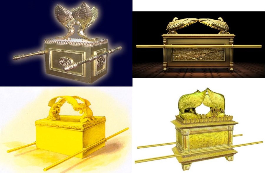 上图：四种现代人想象的约柜样式，出现了四种不同的金环位置，各有各的理由。可见要严格地遵照山上的样式，实在不是一件容易的事情。