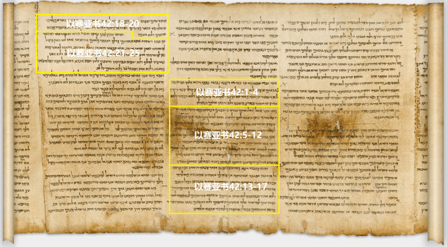 上图：出土于昆兰一号洞的主前1世纪《以赛亚书》羊皮卷（The Great Isaiah Scroll，1QIsaa），图中显示42章的分段方法。
