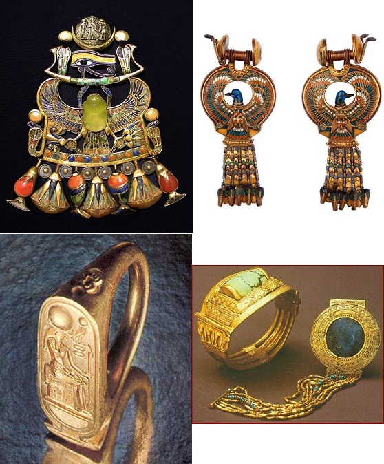 上图:古埃及第十八王朝法老图坦卡蒙(Tutankhamun,主前1332-1323年在位)墓中出土的胸前针、耳环、打印的戒指、手钏,非常精美。