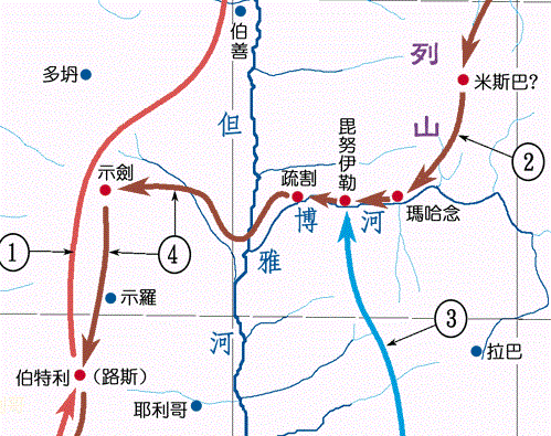 上图：雅各在约旦河附近的疏割休整一段时间以后，就渡过约旦河进入迦南，来到迦南地中央的示剑。