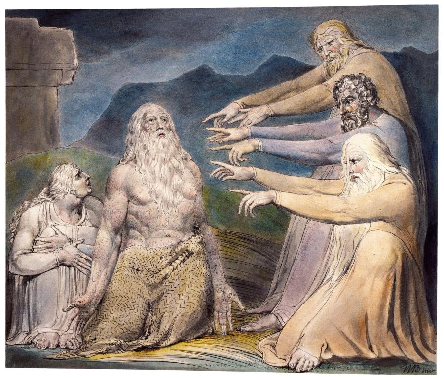 上图：英国诗人、画家威廉·布莱克（William Blake，1757-1827年）的版画《约伯被他的朋友们指责 Job Rebuked by His Friends》，描绘「公义完全人，竟受了人的讥笑」（伯十二4）。