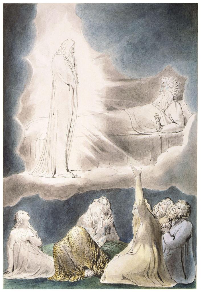 上图:英国诗人、画家威廉·布莱克(William Blake,1757-1827年)的版画《以利法的异象 The Vision of Eliphaz》,描绘「恐惧、战兢临到我身,使我百骨打战」(伯四14)。