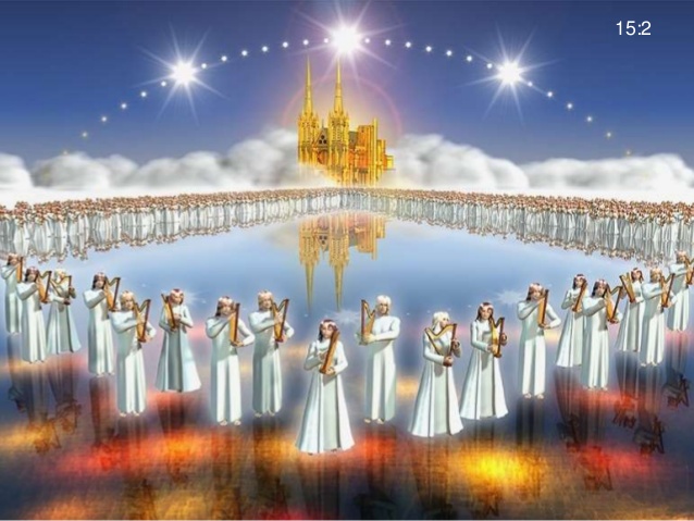 上图：得胜者们站在有火搀杂的玻璃海上，拿着神的琴。（艺术想象图）