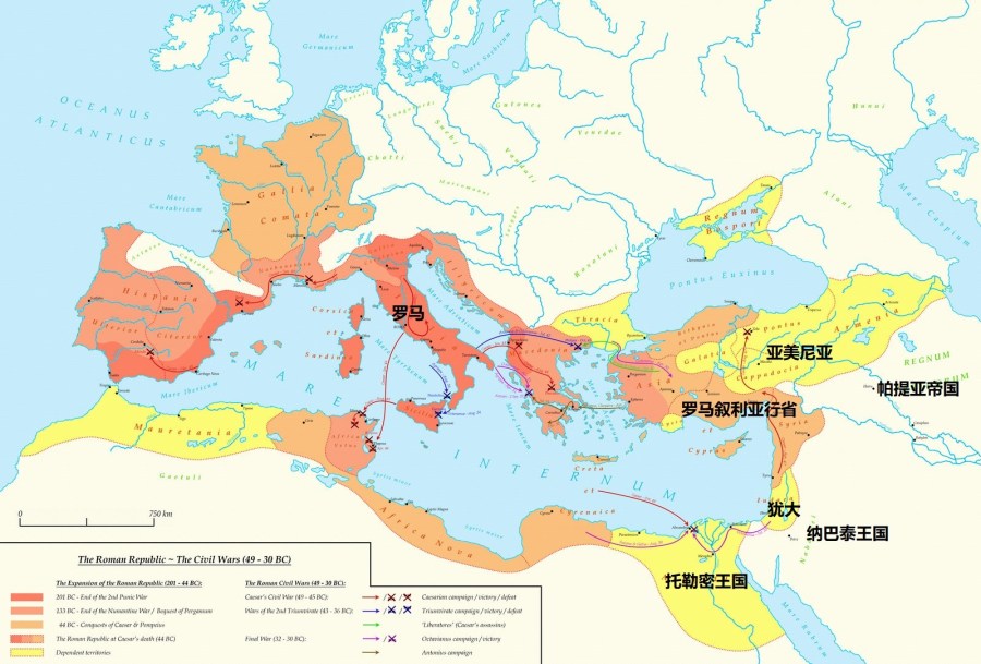 上图:主前49-30年罗马内战期间的罗马共和国。此时,叙利亚的塞琉古帝国已经成为罗马的叙利亚行省,所以罗马成为新的北方王(但十一40)。埃及的托勒密王国仍然存在,还是南方王(但十一40)。犹大在罗马叙利亚行省的管辖之下,以东人、摩押人和一大半亚扪人属于纳巴泰王国(但十一41)。