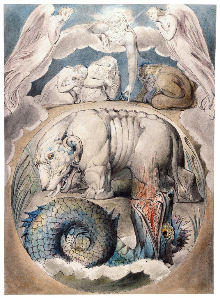 上图：英国诗人、画家威廉·布莱克（William Blake，1757-1827年）的版画《河马和利维坦 Behemoth and Leviathan》，描绘「你且观看河马。我造你也造它」（伯四十15）。