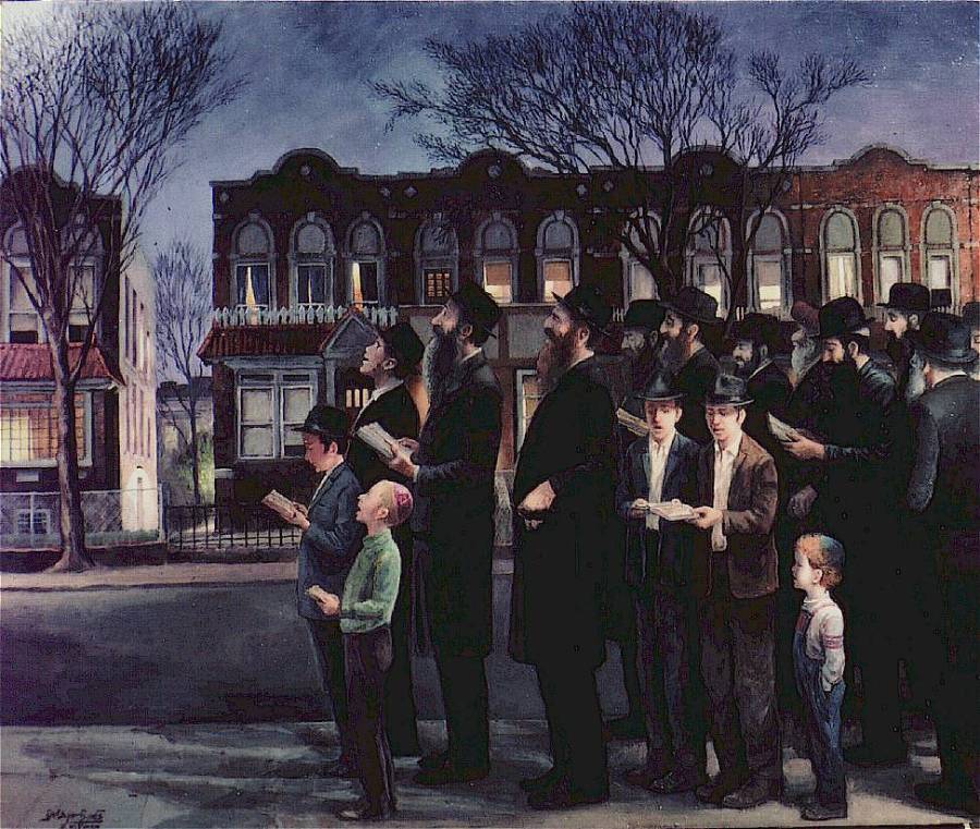 上图:油画《布鲁克林祝圣新月 Kiddush Levanah in Brooklyn》(Zalman Kleinman绘制)。犹太历是根据月相变化制定的,犹太人会在每个月的第3到14天,选择一个月光够亮的晚上,在室外对着月亮诵读特定的祈祷词(包括诗148:1-6;歌2:8-9;诗121;诗150;诗67),然后载歌载舞庆祝。这一仪式称为祝圣新月(Kiddush Levanah,or Sanctification of the Moon)。如果月亮完全被云遮挡,就不举行这个仪式。