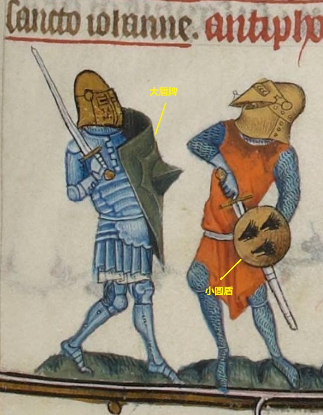 上图：13世纪欧洲的大盾牌（shield）和小圆盾（buckler）。大盾牌适合防御投掷武器，如箭、矛等；小圆盾适合近身博斗时抵挡对方的刀、剑。