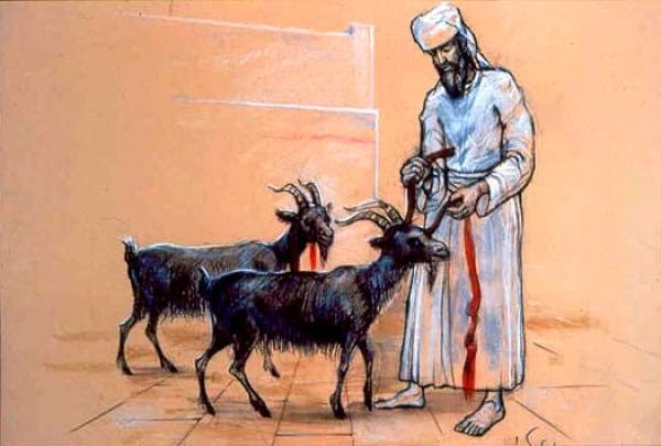 上图：大祭司在给两只山羊做记号。根据《他勒目 Talmud》记载，两只山羊要尽可能相像，要用朱红色线系在「归与阿撒泻勒」的羊角上，又系在「归与耶和华」的羊脖子上。犹太传统认为，如果在献祭和送走替罪羊之后，这条朱红色线变白了（the strip of crimson wool turn white），表明百姓的罪孽已经被赎。而在第二圣殿被毁之前40年，朱红色线停止变白，反而变得更为深红（《他勒目 Talmud》Rosh Hashana 31b, Yoma 39b）。
