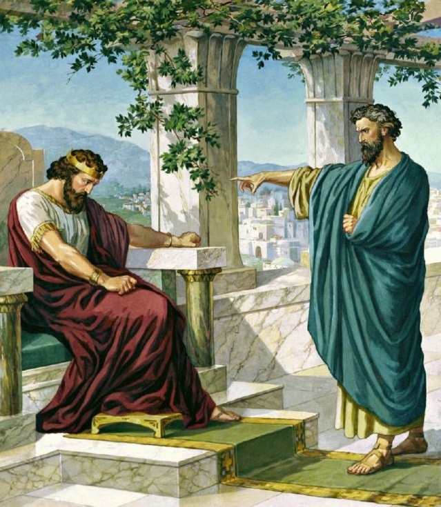 上图：艺术想象图：拿单对大卫说：「你就是那人！」（撒下十二7）。