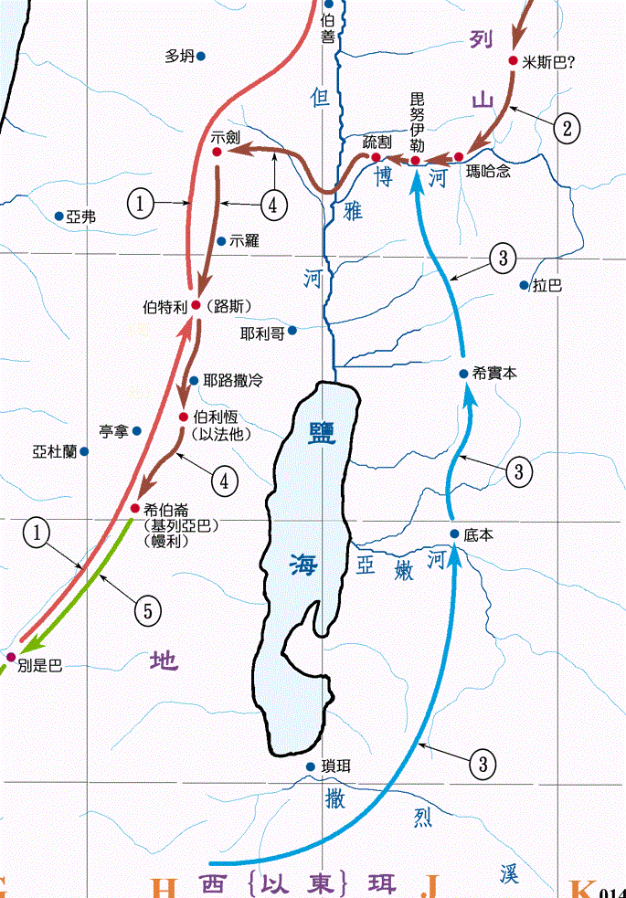 上图：「西珥地」并不在雅各前往伯特利的路上，而是在死海南部，距离雅博河大约250公里。雅各主动派人去报告哥哥以扫，往返大约要14天。
