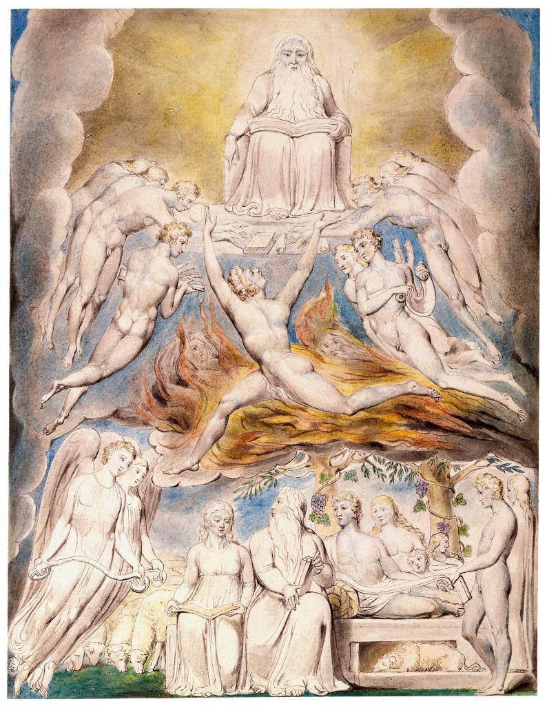 上图：英国诗人、画家威廉·布莱克（William Blake，1757-1827年）的版画《撒但在神的宝座前 Satan Before the Throne of God》，描绘「全能者仍与我同在，我的儿女都环绕我」（伯二十九5）。