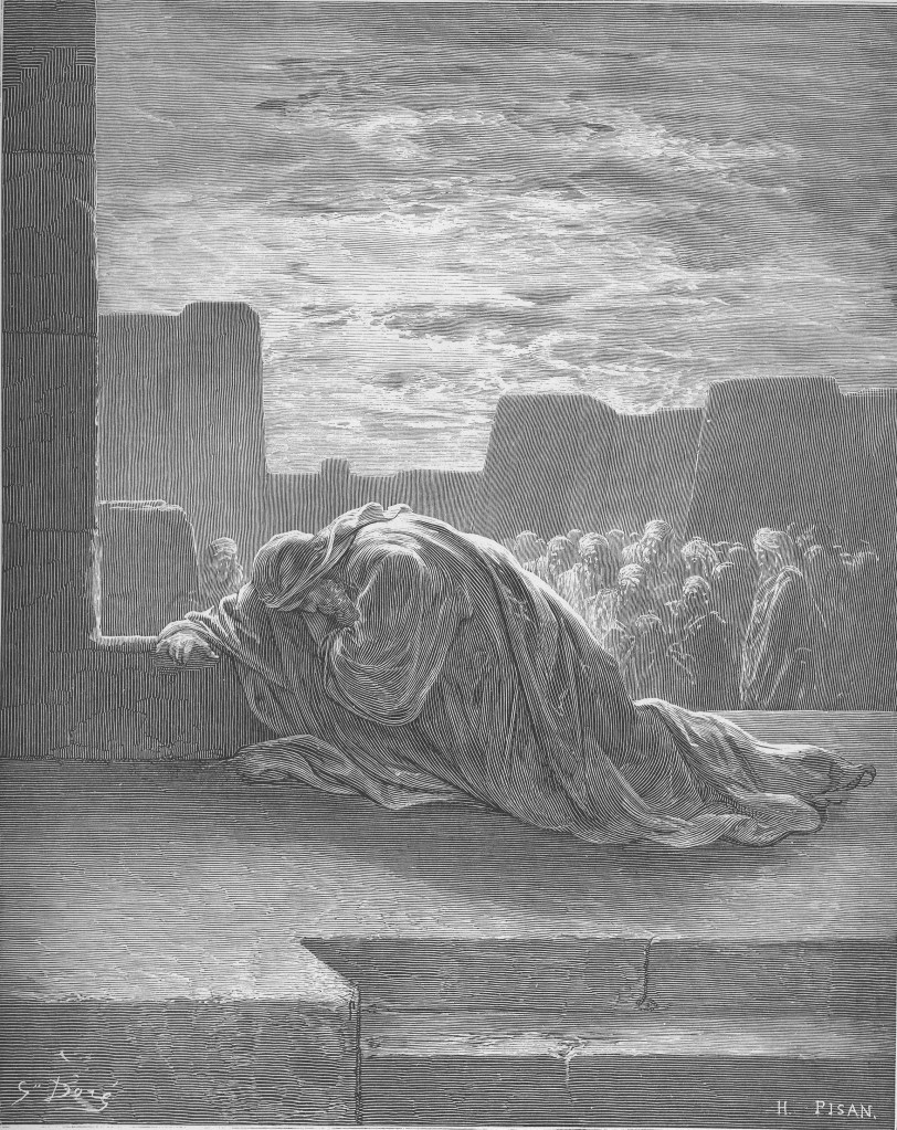 上图：以斯拉祷告，认罪，哭泣，俯伏在神殿前（拉十1）。法国版画家古斯塔夫·多雷（Gustave Doré）1832年的版画作品。