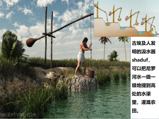 上图：古埃及人所发明的抽河水灌溉农田的汲水器沙杜夫（shaduf），利用杠杆原理，把水一级一级地引到高处的水渠里，然后把水分流到越来越小的渠道。田地得到足够的灌溉以后，农夫便用脚堆上泥土，把水道封闭。以后田地再需浇灌之时，只要把封闭沟渠的泥土踢开便可以了，所以叫「用脚浇灌」。